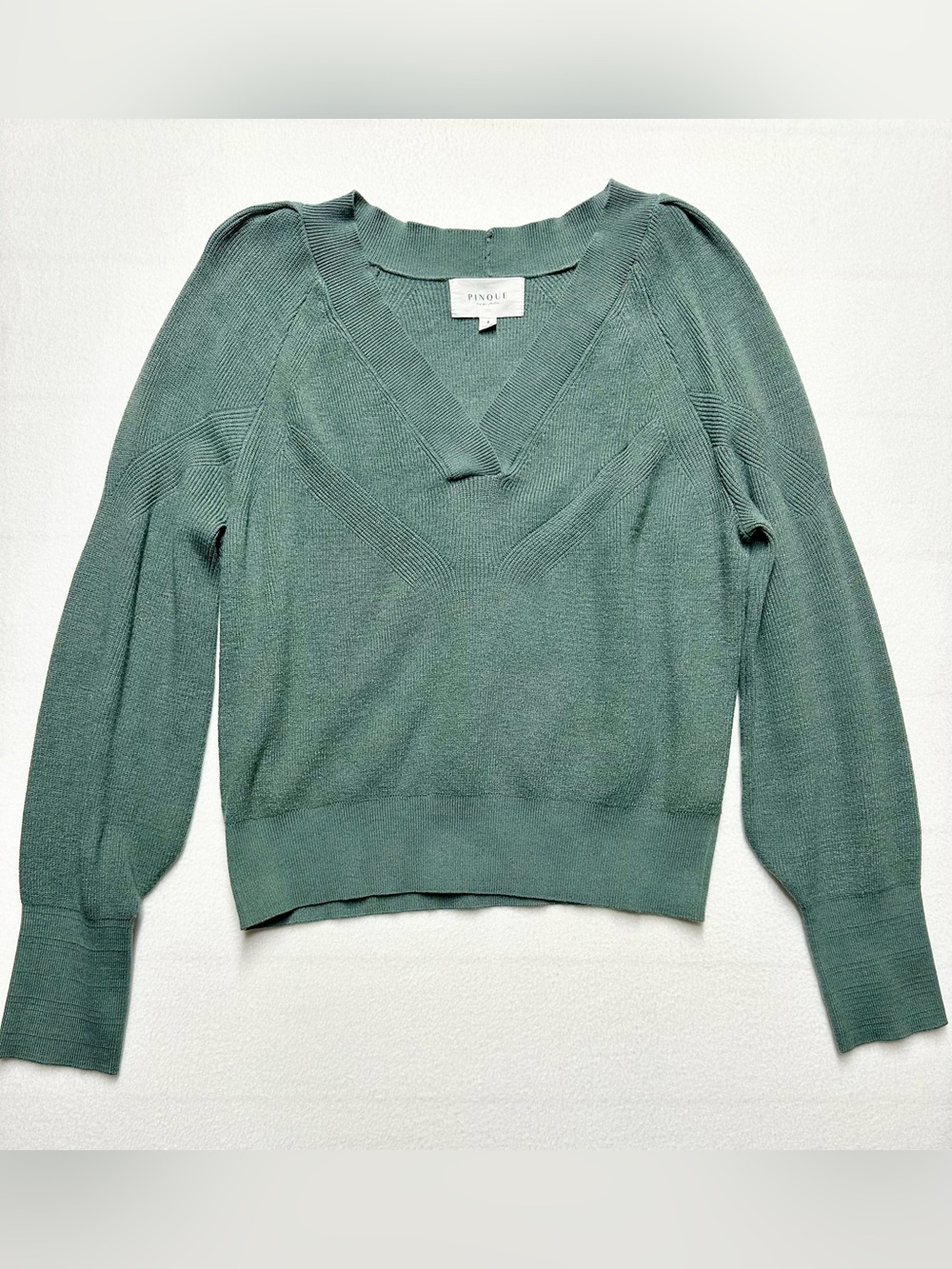 Pinque Women’s Small Greenish Grey Puff Sleeve V-Neck Knit Sweater